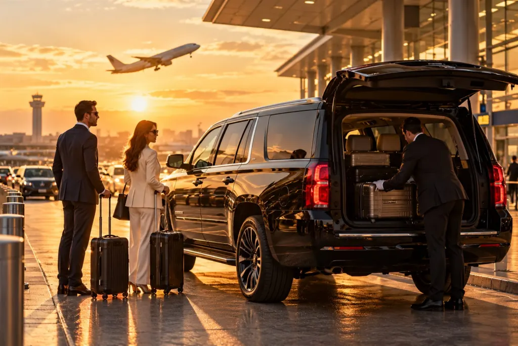 Chauffeur loading luggage into a black SUV at an airport curb at golden hour