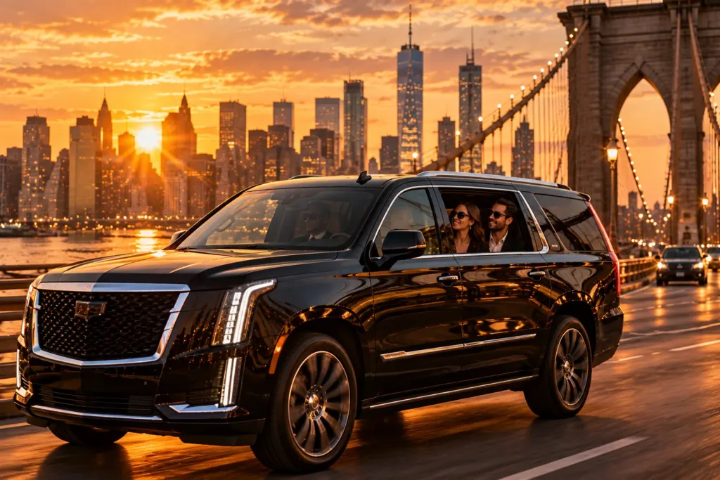 Black SUV crossing the Brooklyn Bridge at sunset with the Manhattan skyline behind