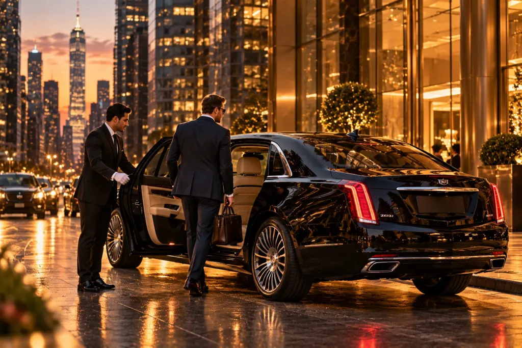 Executive being met by a chauffeur beside a black sedan outside a glass office tower