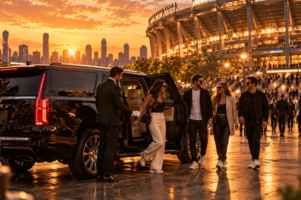 Group of friends arriving at a stadium by black SUV at sunset