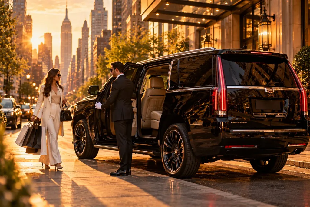 Black SUV and chauffeur on a Manhattan street at golden hour