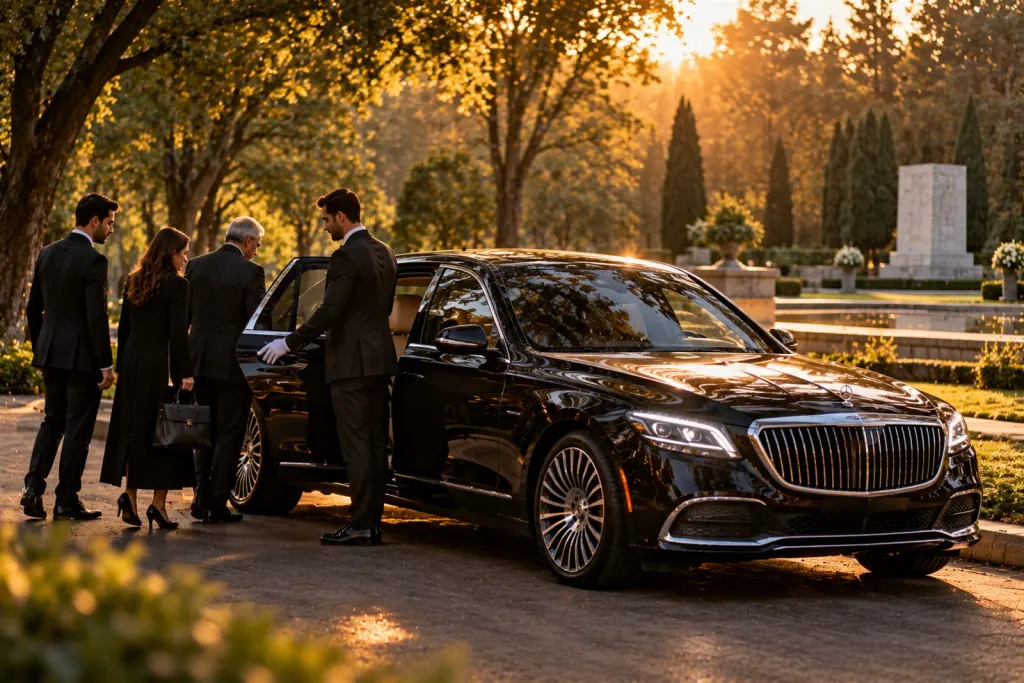 Chauffeur assisting a family beside a black sedan near a quiet memorial garden