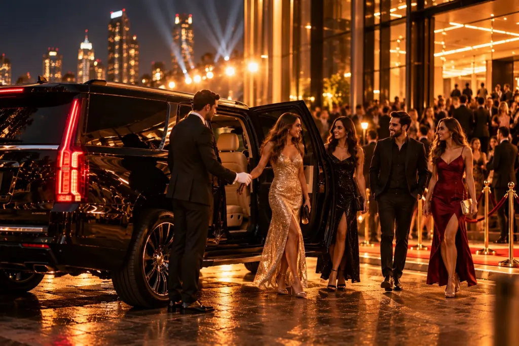 Friends in evening wear arriving at a concert venue by black SUV at night