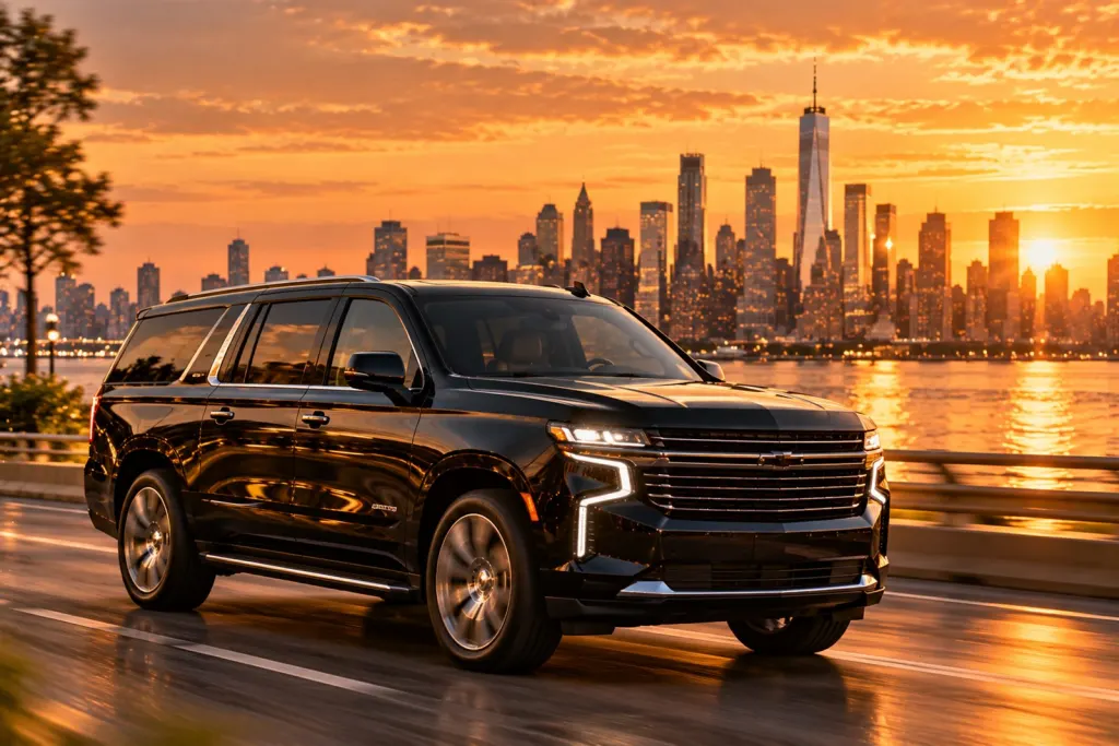 Black SUV driving along a riverside road with the New York skyline at golden hour