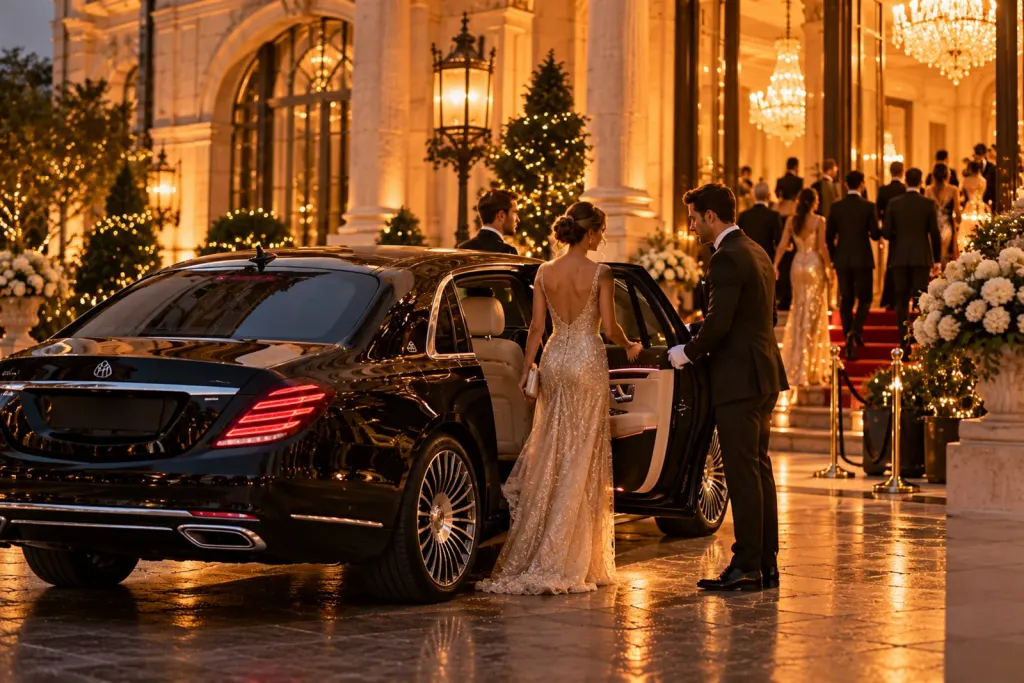Guests in evening wear arriving by black luxury sedan at a gala venue