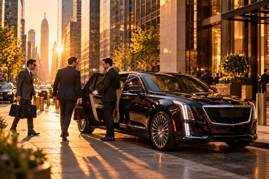 Executives with briefcases meeting a chauffeur and black sedan in the financial district