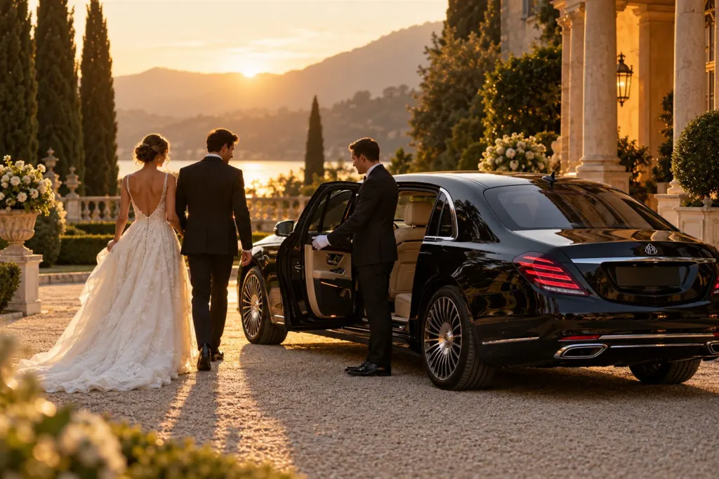 Wedding couple arriving at an estate with a black luxury sedan and chauffeur