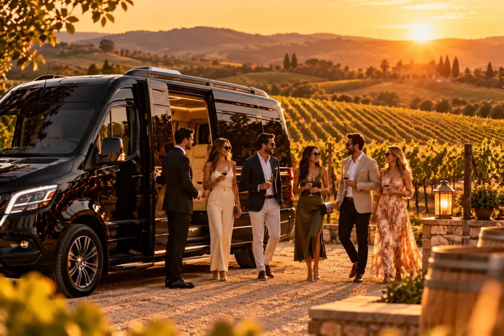 Group enjoying wine beside a black luxury van in a vineyard at sunset